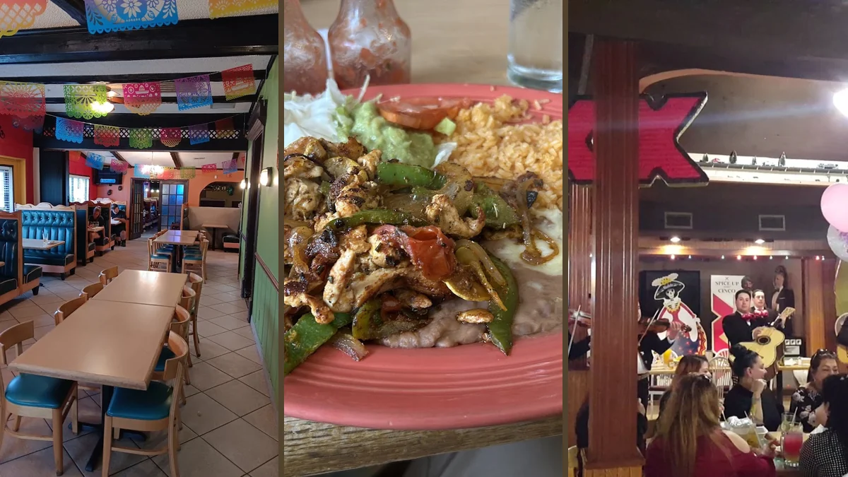 Mexican restaurant dining room with tables and chairs